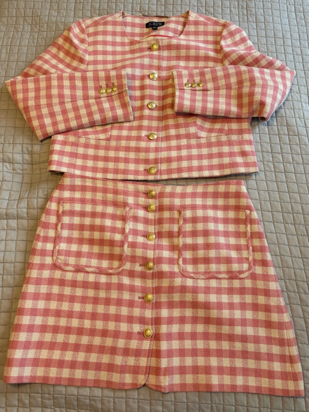 Jcrew Pink and White Check Boucle 2-Piece Skirt Suit - Size 10